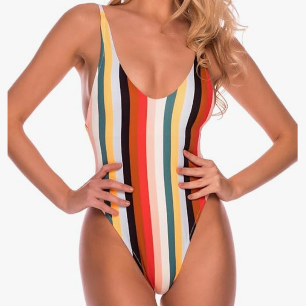 RELLECIGA Striped High Cut Low Back One Piece Thong Swimsuit Women's Size Medium